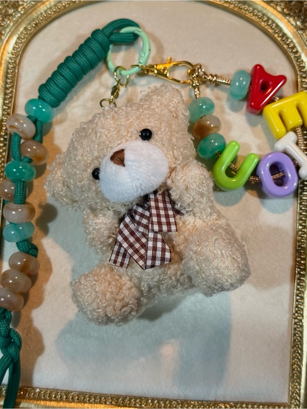 Plush Beige Teddy Bear Keychain with Check Ribbon - Kids Toys